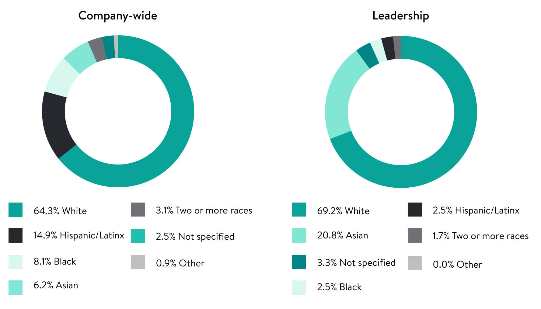 Two pie charts, one for company wide Racial/Ethnic Representation and one for Racial/Ethnic Representation in Leadership.