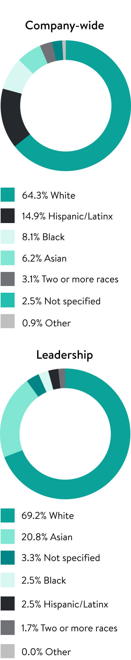 Two pie charts, one for company wide Racial/Ethnic Representation and one for Racial/Ethnic Representation in Leadership.